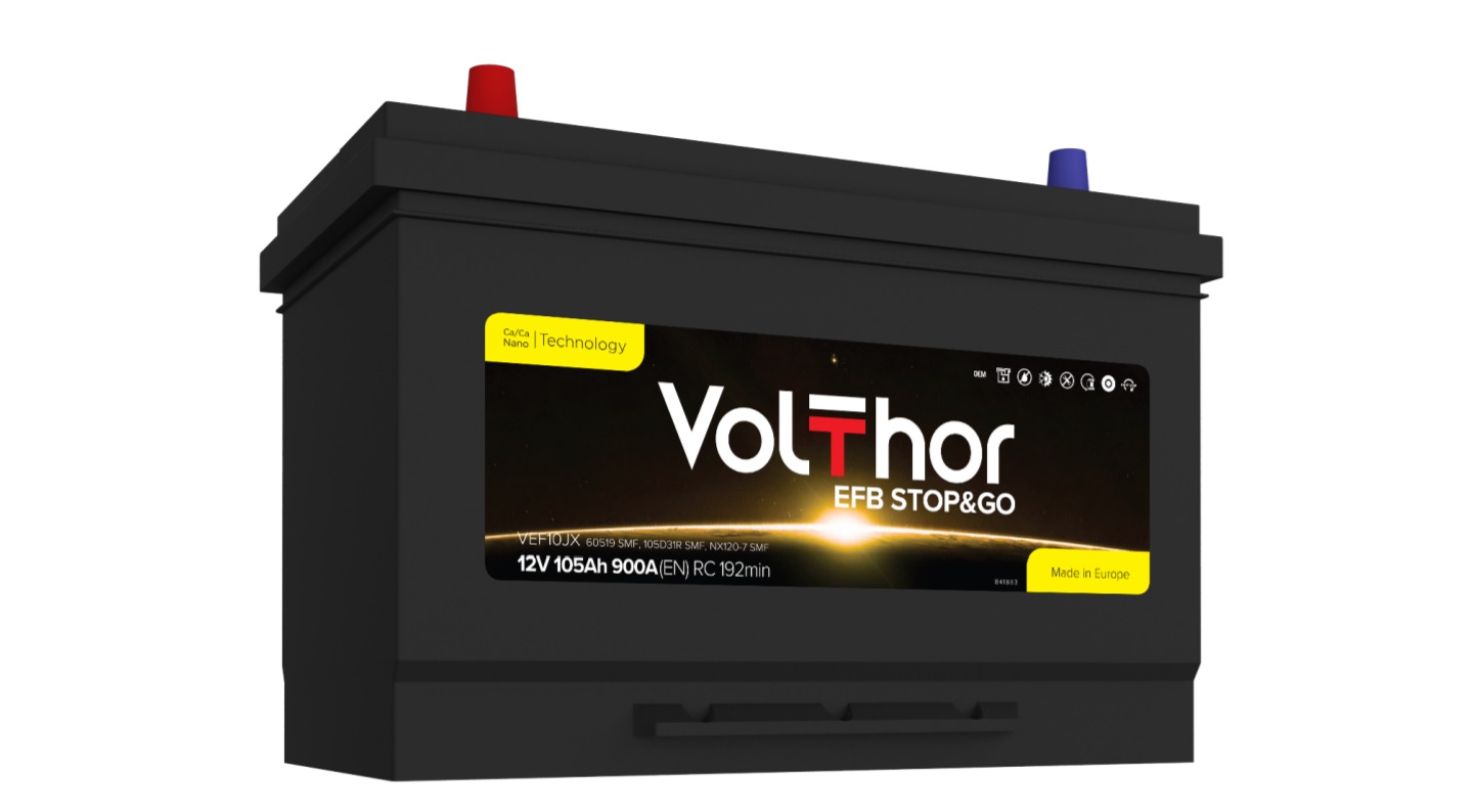 Акумулятор легковий VOLTHOR 6СТ-105(0) (900А) JIS EFB STOP&GO 12B, 105Ah, 900A, плюс зправа (R+) EFB 306X173X220 мм